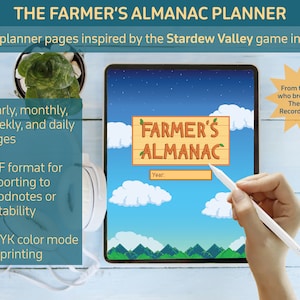 May include: A digital planner page inspired by the Stardew Valley game interface. The page is titled "Farmer's Almanac" and has a text box for entering the year. The page is designed to look like a video game screen.