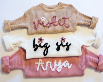 Custom Baby Name Sweater- Personalized Hand Embroidered Toddler Sweater- Chunky Knit Chain Stitch Sweater