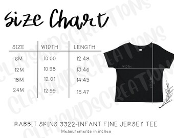 Tabla de tallas de camisetas infantiles Rabbit Skins 3322 (descarga digital PNG)