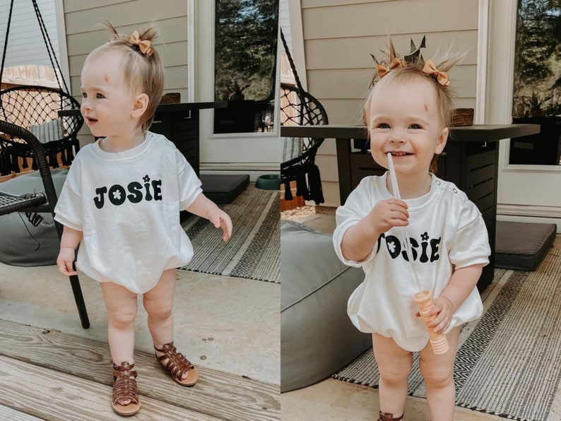 Custom Baby Short Sleeve Bubble Romper Personalized Toddler Sweatshirt Summer Name Oversized Bodysuit image 1