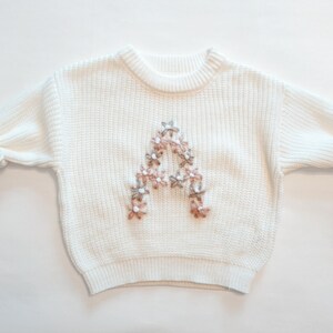 Custom Baby Flower Initial Sweater- Personalized Hand Embroidered Letter Toddler Sweater- Daisy Floral Stitch Sweater