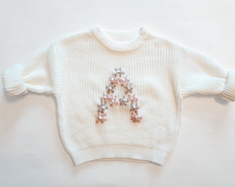 Custom Baby Flower Initial Sweater- Personalized Hand Embroidered Letter Toddler Sweater- Daisy Floral Stitch Sweater