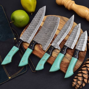 Beautiful luxury handmade damascus knife set 5 piece with cow leather sheath gift for mom gift for her anniversary gift birthday gift gift