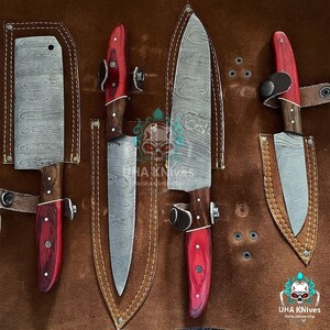 Handmade Damascus Kitchen Chef Knives Set, 5 Pieces BBQ Kitchen Chef Set With Leather Sheath, gift for her, wedding gift ,anniversary gift