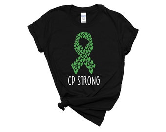May include: Black t-shirt with a green ribbon made of hearts and the text "CP STRONG" printed on the front.