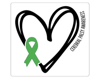Può includere: Un contorno in bianco e nero di un cuore con un nastro verde all'interno. Il testo "Cerebral Palsy Awareness" è scritto verticalmente sul lato destro del cuore.