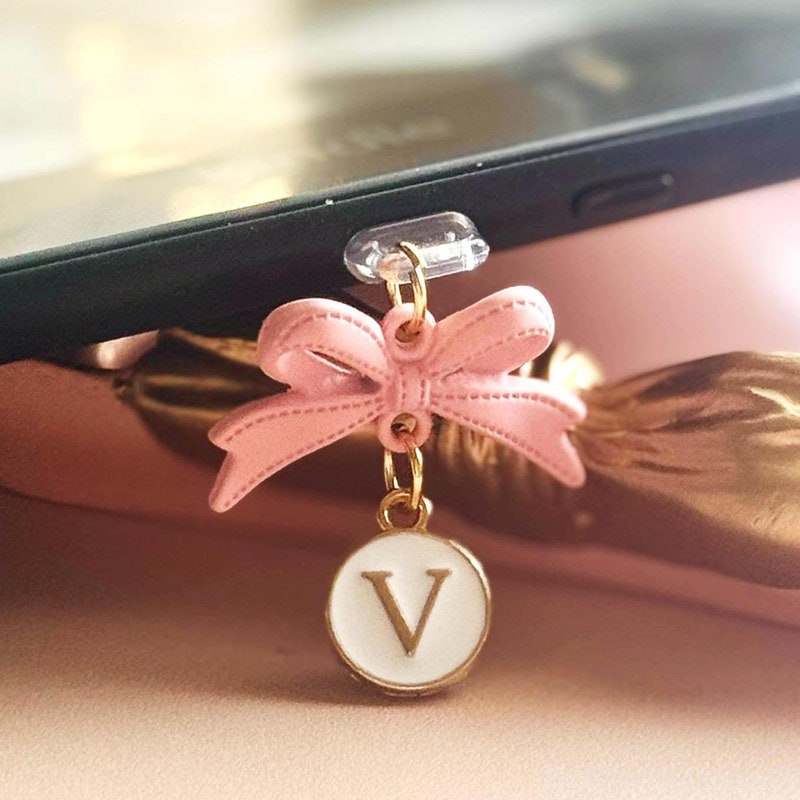 Personalized Coquette Bow Dust Plug Charm, Pink Bow Tie eReader Charm, Custom Initial Phone Charm, USBC Dust Cover Tablet Accessory for Phone Bookish Gift