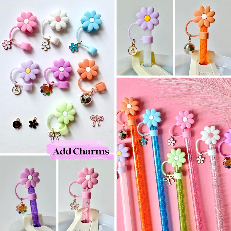 Retro Daisy Tumbler Straw Topper Floral Bottle Straw Cover Silicone Straw Buddy Flower Party Supply Tumbler Lover Gift Tumbler Accessory image 5
