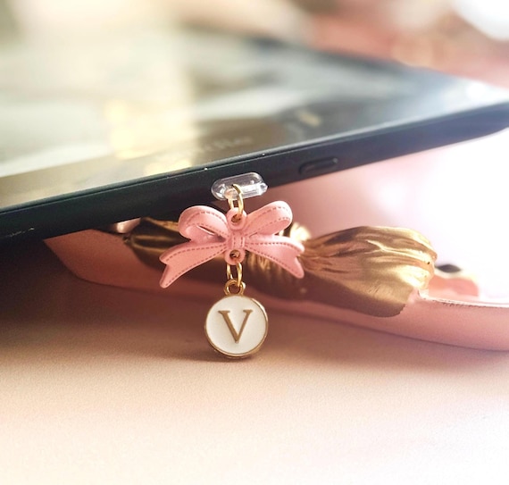 Coquette Bow Dust Plug Charm Pink Bow Tie eReader Charm Gold Initial Phone Charm USBC Dust Cover Tablet Accessory for Phone Bookish Gift