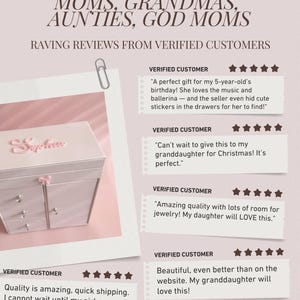 May include: A light pink jewelry box with a name plate reading Sophia, featuring a small bow accent and multiple drawers. The image includes text testimonials from verified customers praising the quality and giftability of the item.