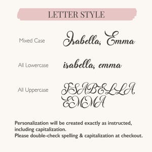 May include: A chart titled LETTER STYLE displays three font variations for the names Isabella and Emma. The options include Mixed Case, All Lowercase, and All Uppercase. Text at the bottom reads: Personalization will be created exactly as instructed, including capitalization. Please double-check spelling & capitalization at checkout.