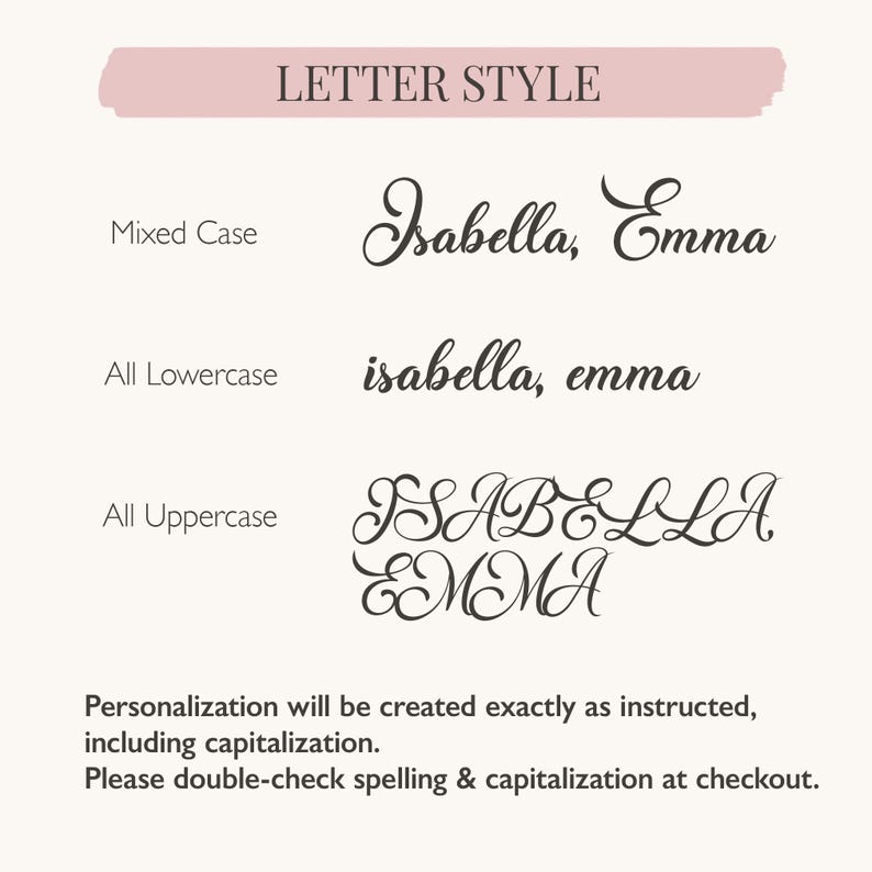 May include: A chart titled LETTER STYLE displays three font variations for the names Isabella and Emma. The options include Mixed Case, All Lowercase, and All Uppercase. Text at the bottom reads: Personalization will be created exactly as instructed, including capitalization. Please double-check spelling & capitalization at checkout.