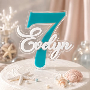 May include: A cake topper featuring a large teal acrylic number seven with the name Evelyn written in white cursive script layered over the center. The design is made of clear, teal, and white acrylic materials with a smooth, glossy finish.