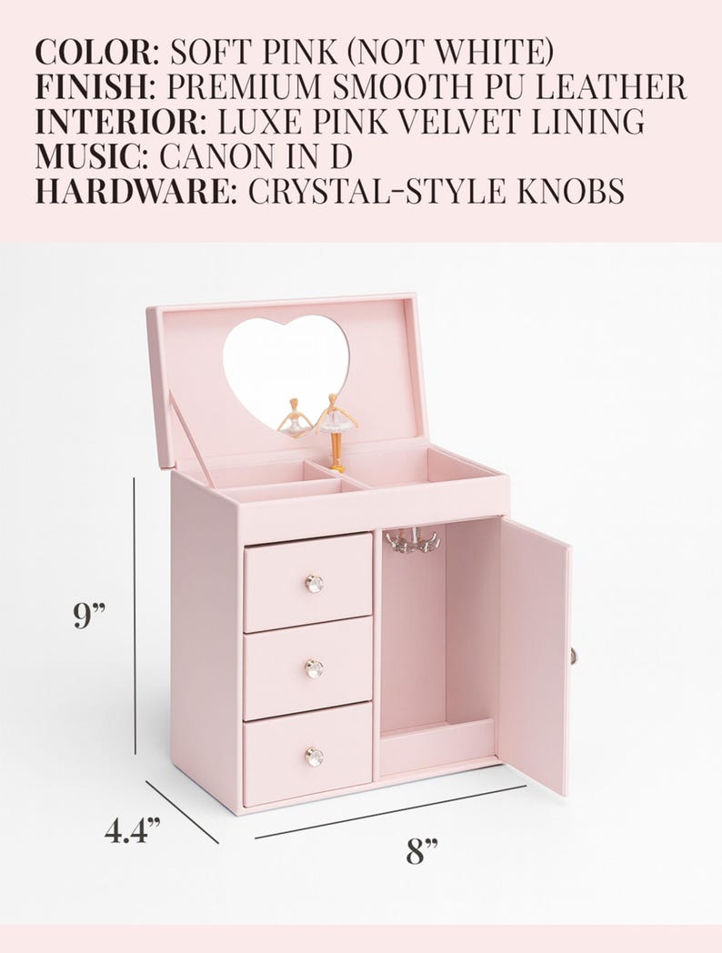 May include: A soft pink jewelry box with a smooth PU leather finish, pink velvet interior, and crystal-style knobs. It features a heart-shaped mirror, a rotating dancer, three drawers, and a side compartment. Dimensions are 9 inches by 8 inches by 4.4 inches.