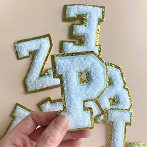 Chenille Letter Patch 3 inch Pink Chenille Letter White Sew On Varsity Letter Patch DIY Monogram Gold Glitter Chenille Patch Glue On Iron On