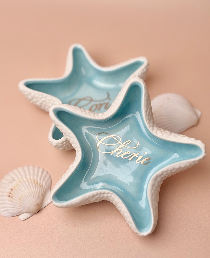 Personalized Ring Dish, Custom Starfish Jewelry Dish, Ceramic Trinket Dish, Engagement Gift, Beach Wedding Ring Holder, Bridesmaid Gift image 10