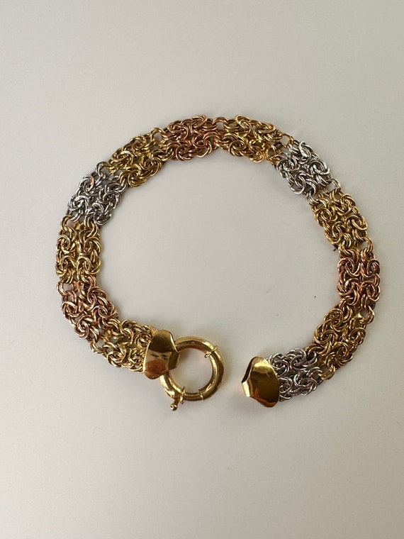 Vintage solid 14K tri color gold Byzantine bracele