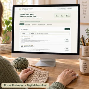 Può includere: Un monitor di computer che mostra l'interfaccia del sito web Crochet Tester con una dashboard per tracciare i problemi dei modelli. Lo schermo mostra testo tra cui Find the exact stitch, Keep the next step clear e un elenco di problemi dimostrativi.