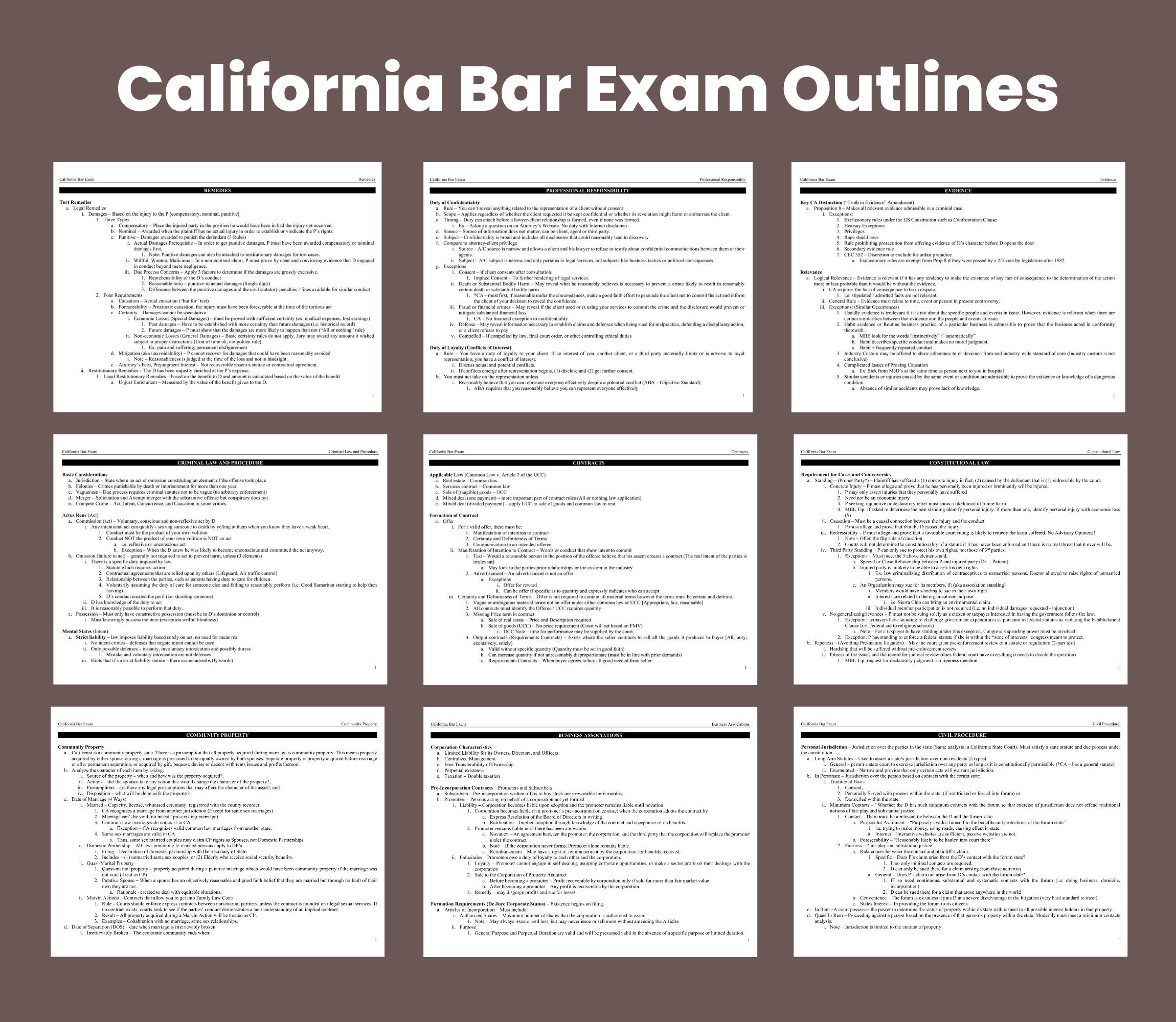 California Bar Exam Outlines All 13 Subjects CA State Bar Exam Preparation Law Notes Bar Prep