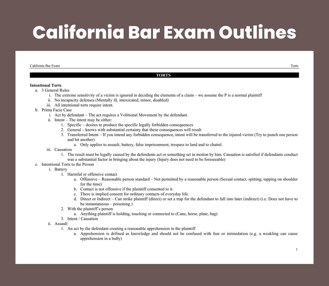 CA Bar Exam Torts California Bar Exam Outlines CA State Bar Etsy