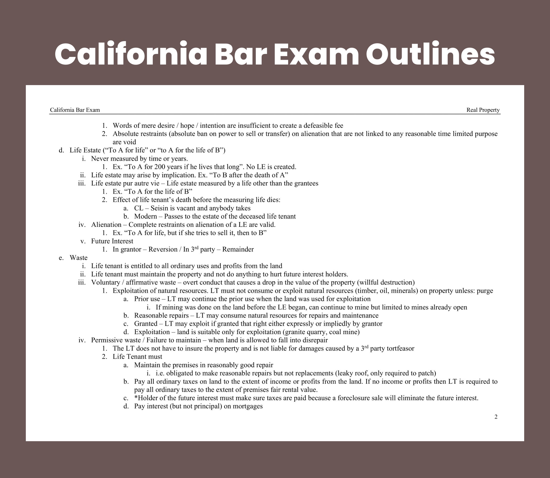 CA Bar Exam Real Property California Bar Exam Outlines CA Bar Exam