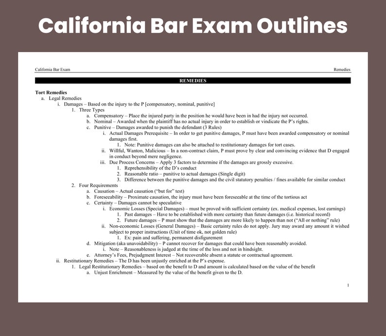 California Bar Exam Outlines All 13 Subjects CA State Bar Exam Preparation Law Notes Bar Prep