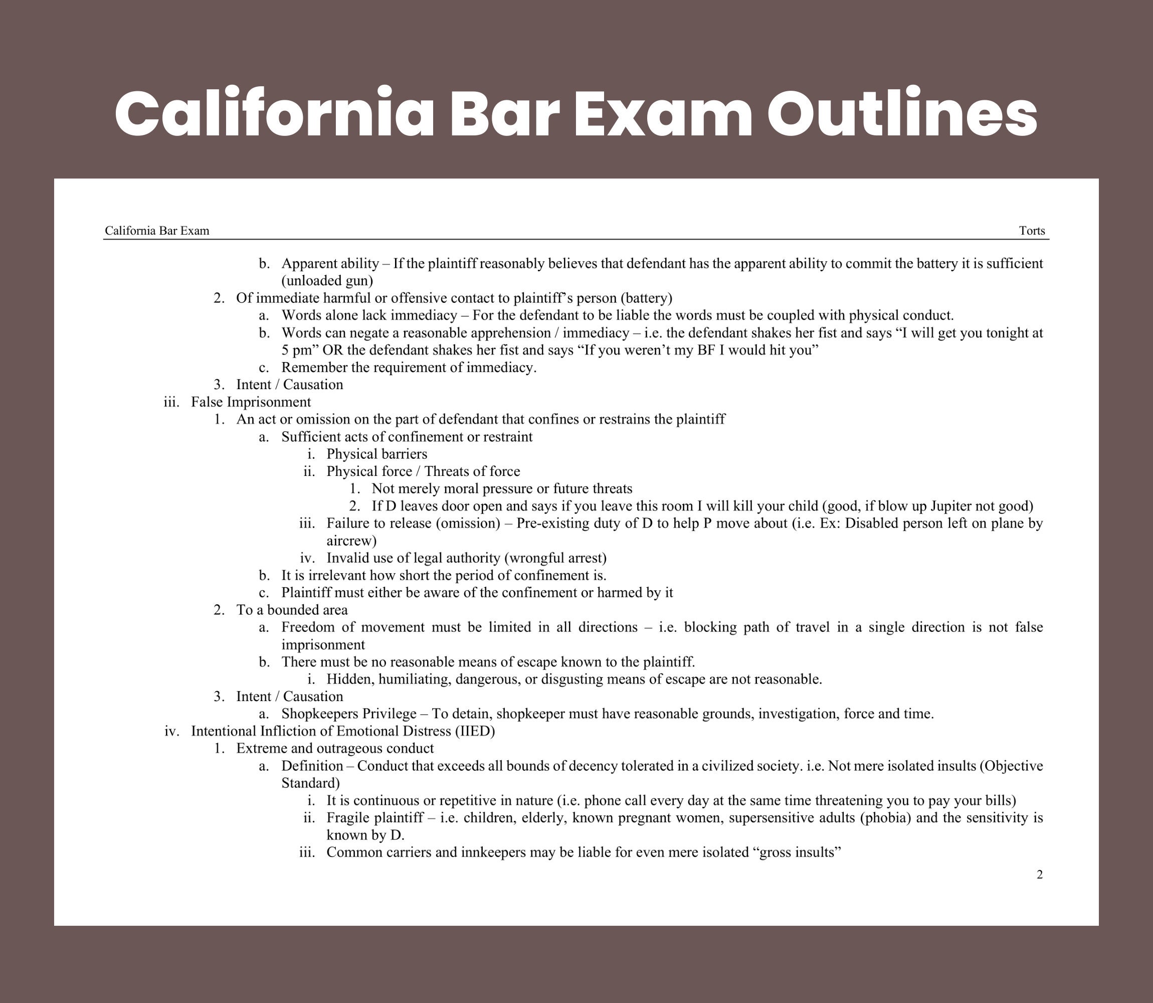 CA Bar Exam Torts California Bar Exam Outlines CA State Bar Etsy