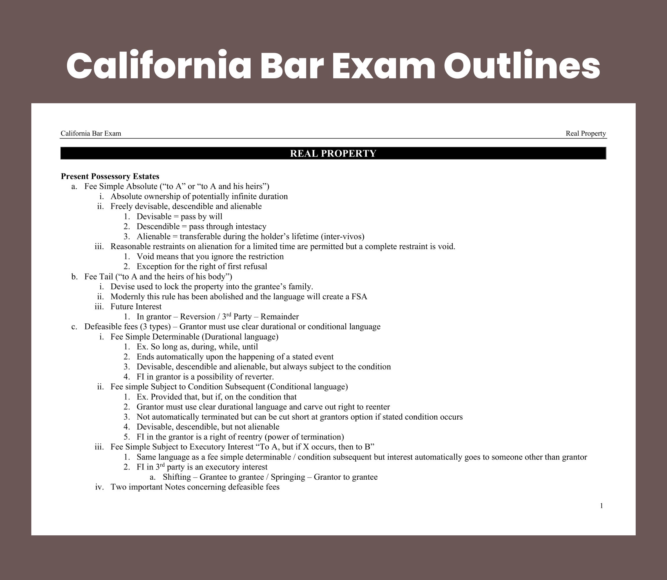 CA Bar Exam Real Property California Bar Exam Outlines CA Bar Exam