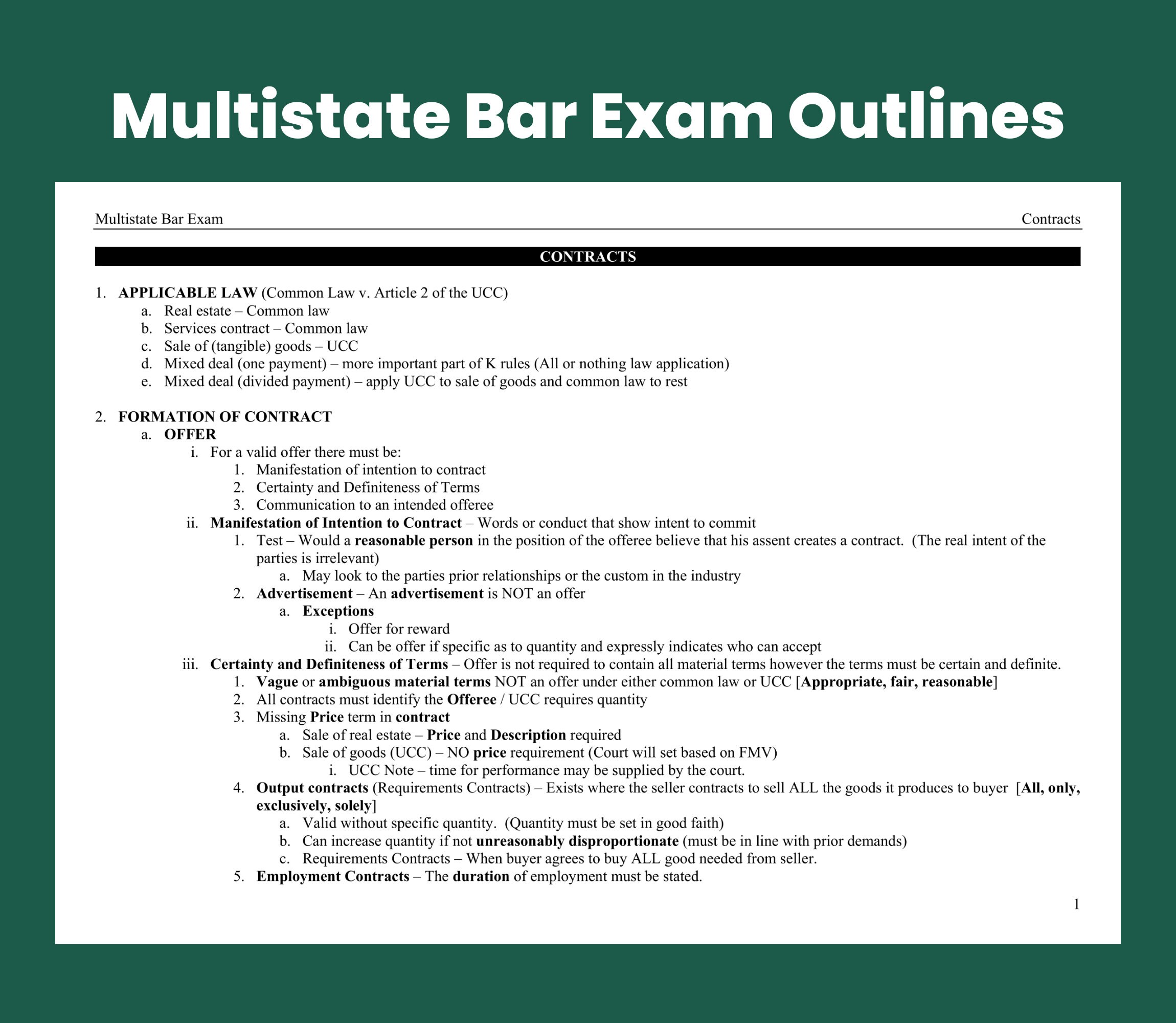 MBE Contracts Multistate Bar Exam Outlines MBE Bar Exam Preparation Law