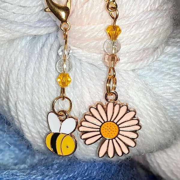 Bee in flight to flower pair of stitch markers / progress keepers set garden