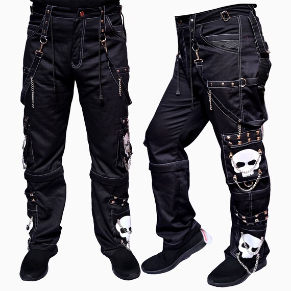 Gothic Cargo Style Skull Print Pant, Denim Punk Style Pants