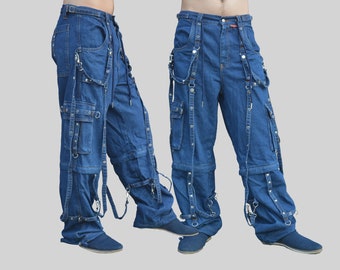 Denim Gothic Punk Cargo Pants with Straps, Wide Legs Unisex Dark Blue denim gothic pant, Baggy Style Straps Pant Streetwear Cargo Trip Pants