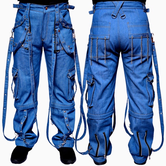 Handmade Denim Gothic Punk Cargo Straps Pants, Wide Legs