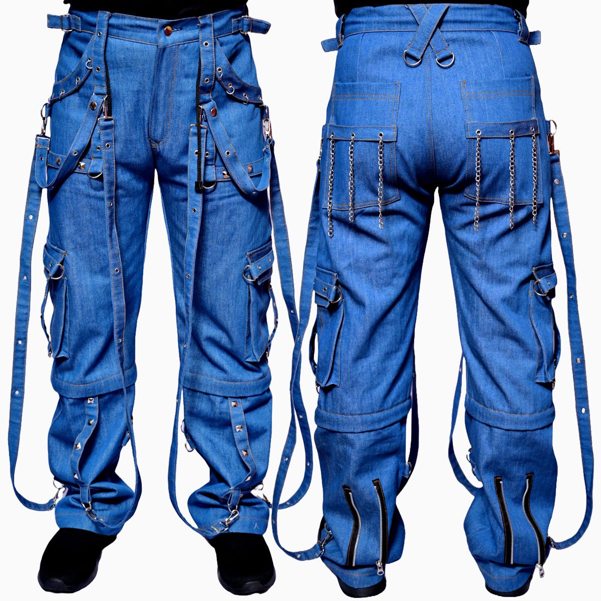 Handmade Denim Gothic Punk Cargo Straps Pants, Wide Legs