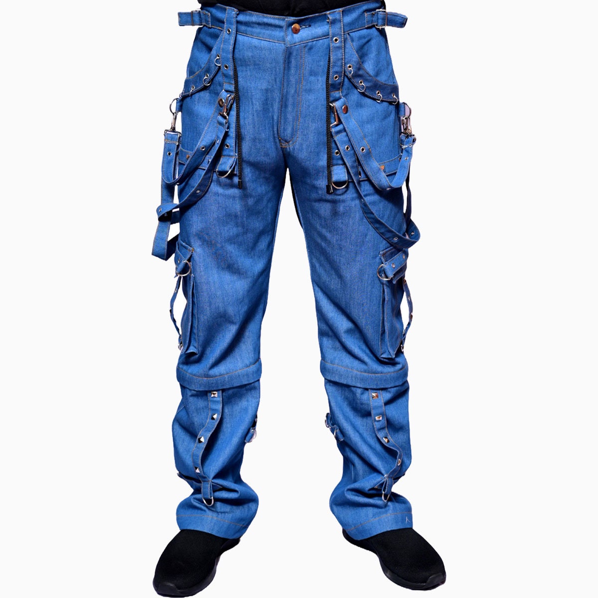 Handmade Denim Gothic Punk Cargo Straps Pants, Wide Legs