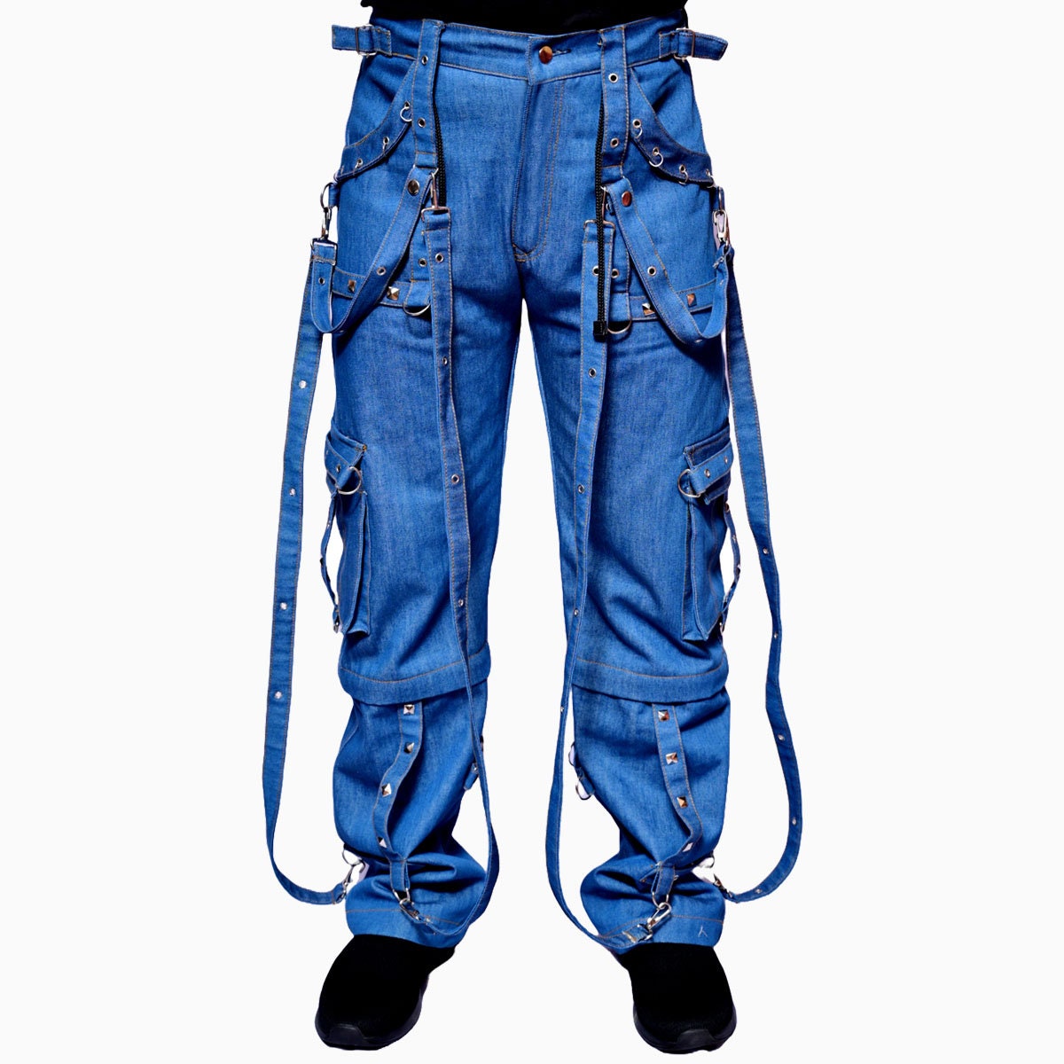 カーゴパンツ HUECLOSET Carpender Damage Pants SE539 Handmade Denim Gothic Punk Cargo Straps Pants, Wide Legs