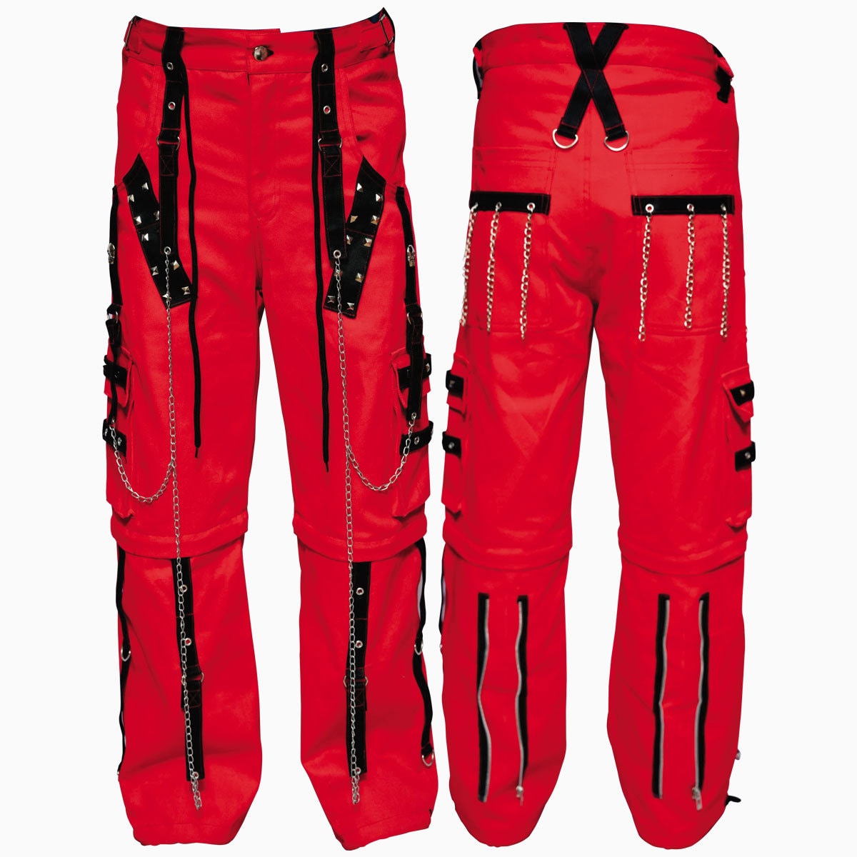 Men's Handmade Red Cotton Goth Cargo Pants With Straps