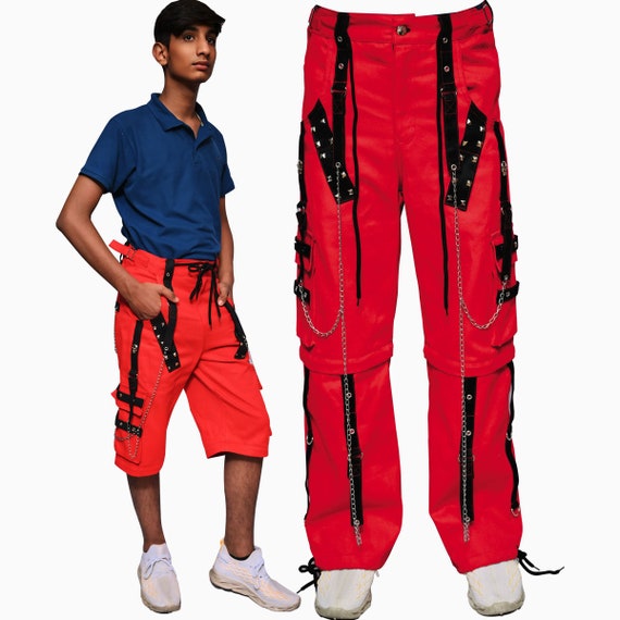 福袋売れ残りセール Handmade Men's Red Straps With Pants Cargo Goth Cotton Clothing