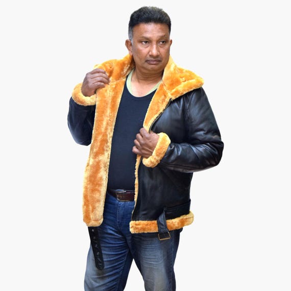 MEN'S GENUINE SHEEPSKIN LEATHER RAF AVIATOR SHEARLING B3 BOMBER FAUX FUR JACKET