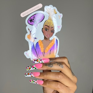 May include: A sticker featuring a cartoon illustration of a woman with a pink and purple ombre outfit, a yellow and white braided bun, and a speech bubble that says "Nail Boss".