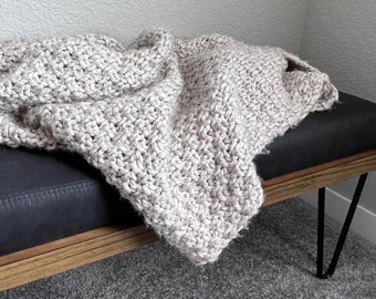 Moss Stitch Throw Blanket | chunky knit blanket | bulky knit throw | neutral color blanket | light beige throw | cozy home decor | handmade