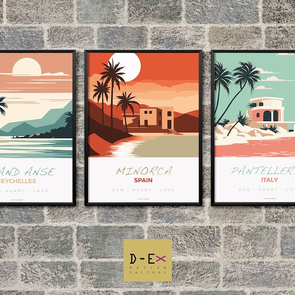 Set of 3 prints of beautiful and famous holiday and travel places in the world / Grand Anse - Menorca - Pantelleria / World Travel Poster