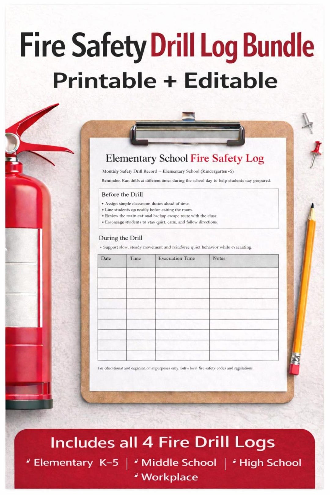 Fire Safety Drill Log Bundle | School and Workplace Emergency ...