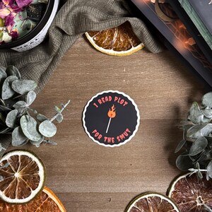 May include: A circular sticker with a black background and a white scalloped border. The text "I READ PLOT FOR THE SMUT" is printed in red capital letters around a central graphic of a lit match with a small heart inside the orange flame.