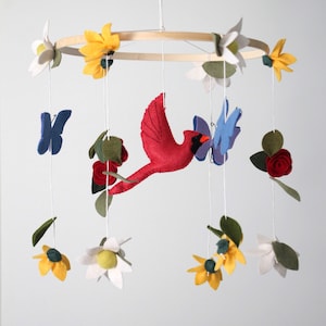 Flying Cardinal Mobile | Crib Cot Mobile | Flower Garden Nursery Theme | Butterfly + Flowers | Baby Shower Gift | Baby Girl | Sensory Toy