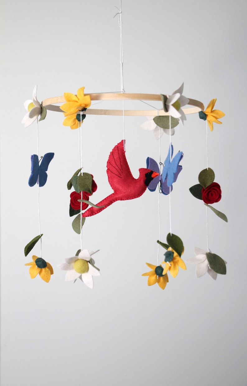 Flying Cardinal Mobile Crib Cot Mobile Flower Garden Nursery Theme Butterfly Flowers Baby Shower Gift Baby Girl Sensory Toy image 1