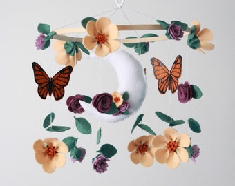 Monarque Papillon Jardin Lune Mobile | Petite fille | Mobile de berceau de pépinière florale | Cadeau de fête de naissance | Décoration de chambre de fille en bas âge à fleurs