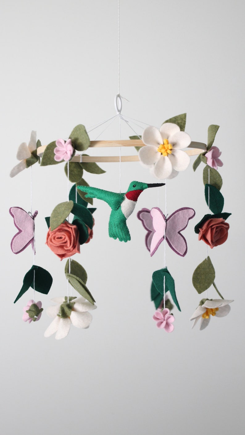 Ruby Throated Hummingbird Mobile Baby Girl Felt Flowers Crib Mobile Baby Shower Gift Garden Theme Butterfly Flower Bird Mobile image 9