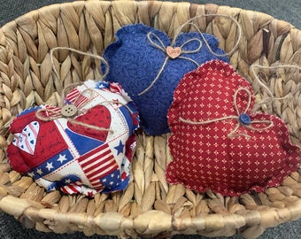 Set of 3 Handmade Farmhouse Fabric Hearts, Rustic Decor