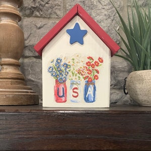 Farmhouse Standing House/Handmade/Patriotic/Shelf Sitter